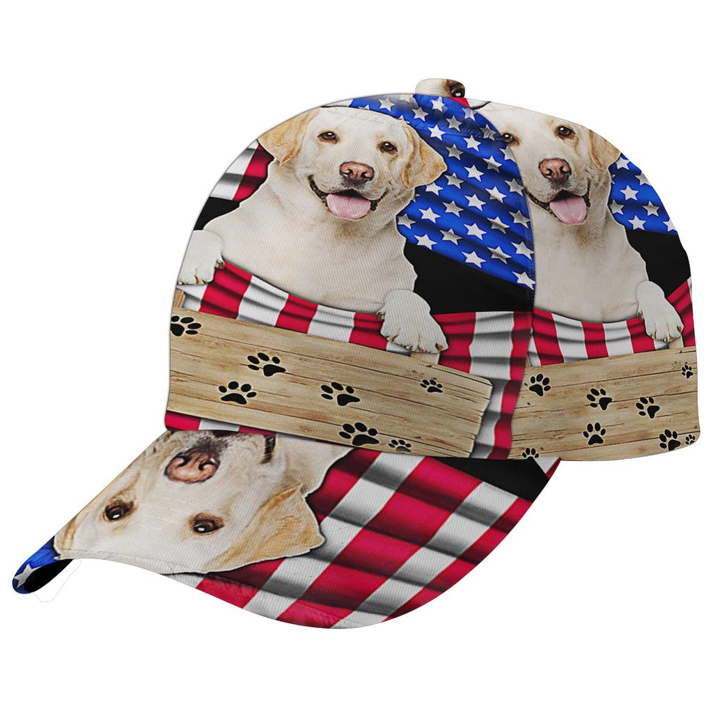 Yellow Labrador Dog American flag Baseball Cap Hat