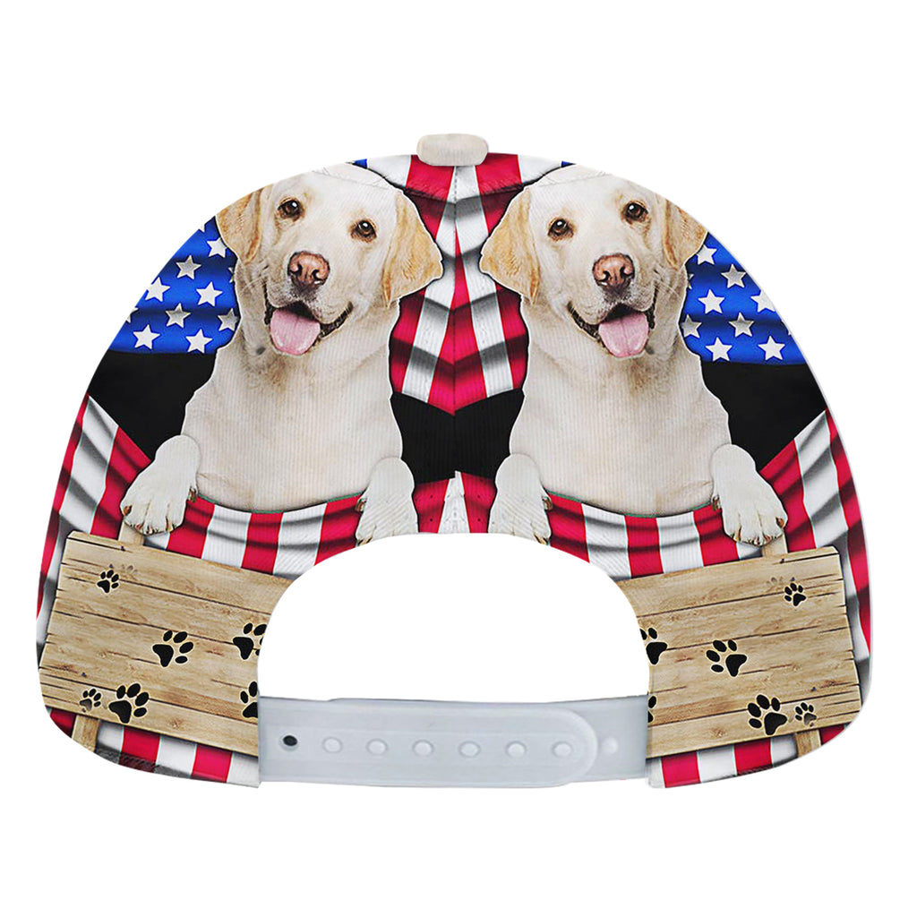 Yellow Labrador Dog American flag Baseball Cap Hat