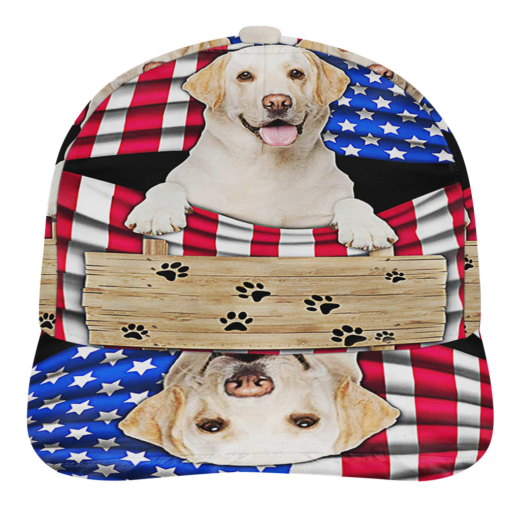 Yellow Labrador Dog American flag Baseball Cap Hat