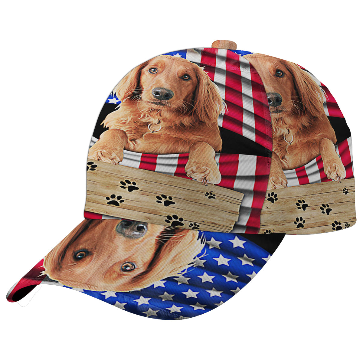 Red Golden Retriever Dog American flag Baseball Cap Hat