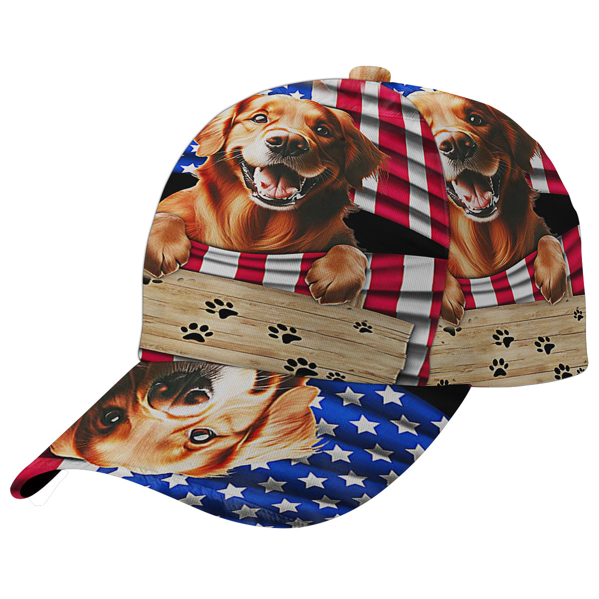 Red Golden Retriever Dog American flag Baseball Cap Hat