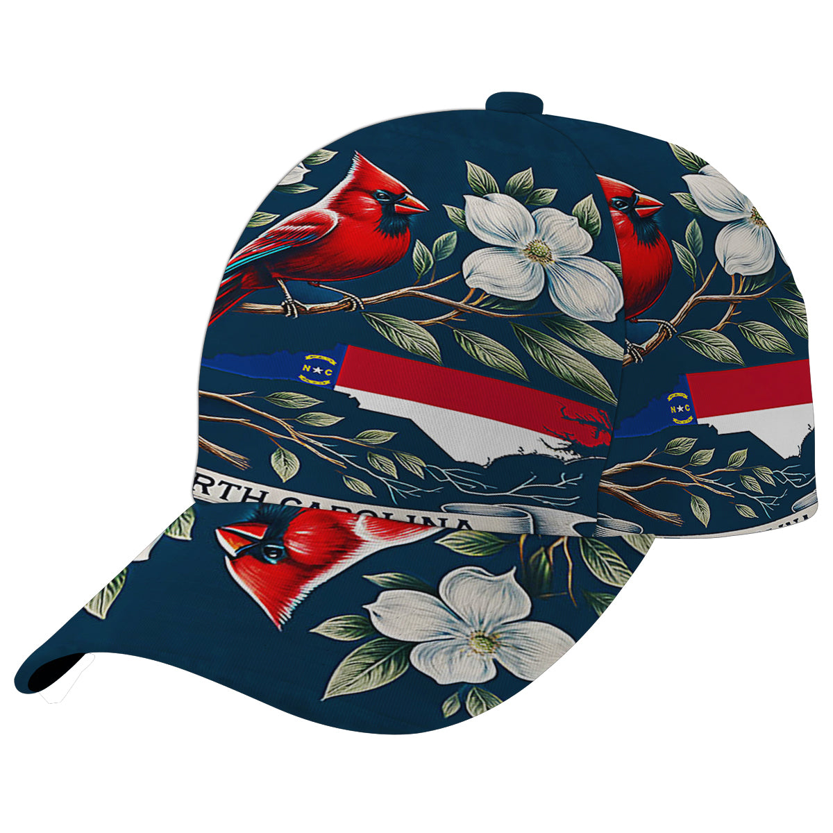 North Carolina Map With Cardinal and Flowering Dogwood Baseball Cap Hat