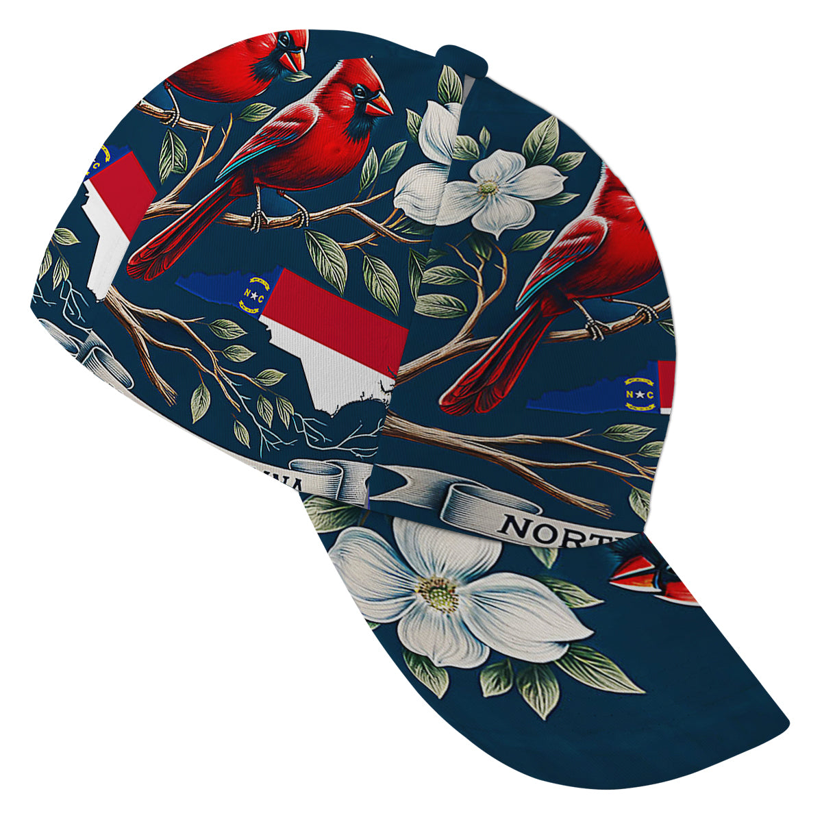 North Carolina Map With Cardinal and Flowering Dogwood Baseball Cap Hat
