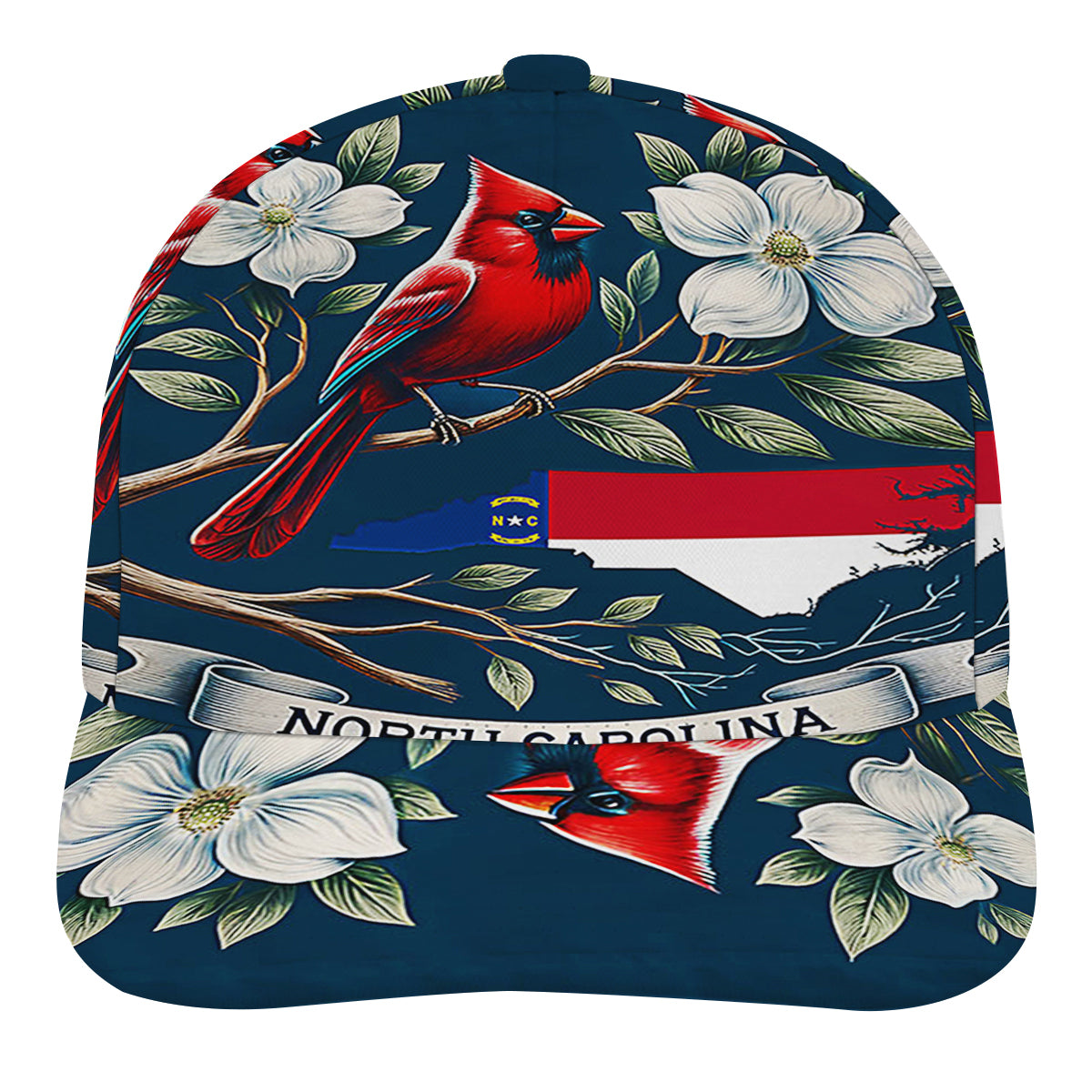 North Carolina Map With Cardinal and Flowering Dogwood Baseball Cap Hat