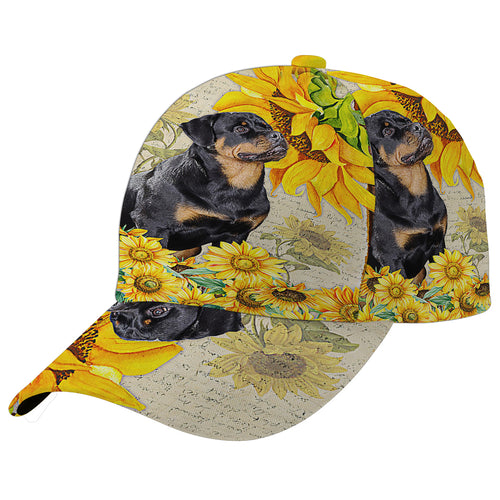 Adorable Rottweiler Rottweiler Dog With Sunflower Baseball Cap Hat